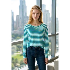 🔺️Self Esteem Turquoise & Cream Striped Long Sleeve Top Medium